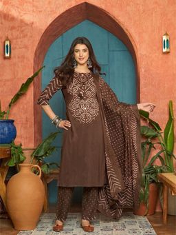 Stylum - Brown Printed Cotton Straight Kurta with Pant and Dupatta