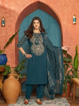 Stylum - Teal Printed Cotton Straight Kurta with Pant and Dupatta