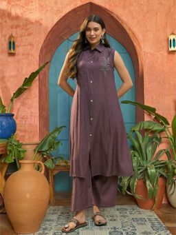 Stylum - Wine Solid Silk A-Line Kurta and Pant