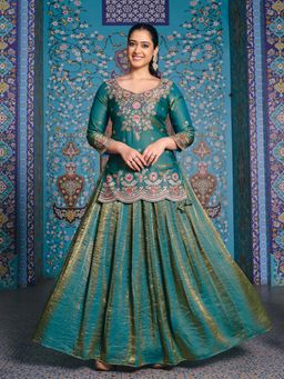 MADHURAM - Green Embroidered Organza Kurti and Lehenga