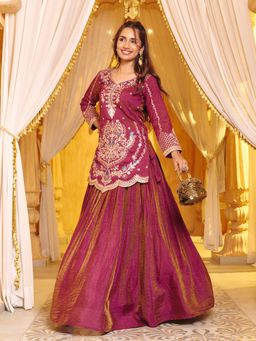MADHURAM - Pink Embroidered Silk Kurti and Lehenga