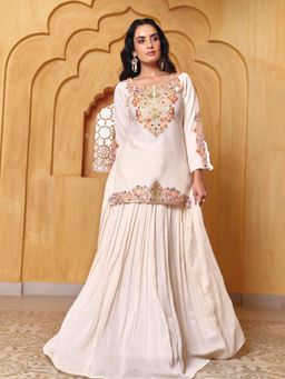 MADHURAM - Off White Embroidered Poly Silk Kurti and Lehenga