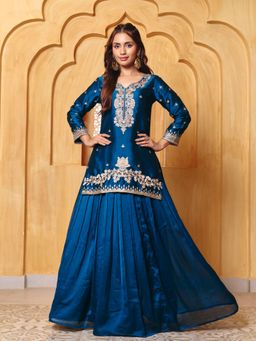 MADHURAM - Blue Embroidered Poly Silk Kurti and Lehenga