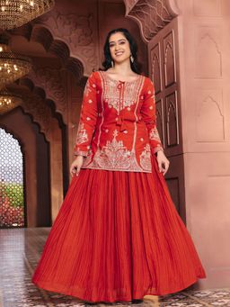 MADHURAM - Orange Embroidered Poly Silk Kurti and Lehenga
