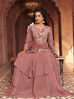 MADHURAM - Brown Embroidered Georgette Kurti and Lehenga