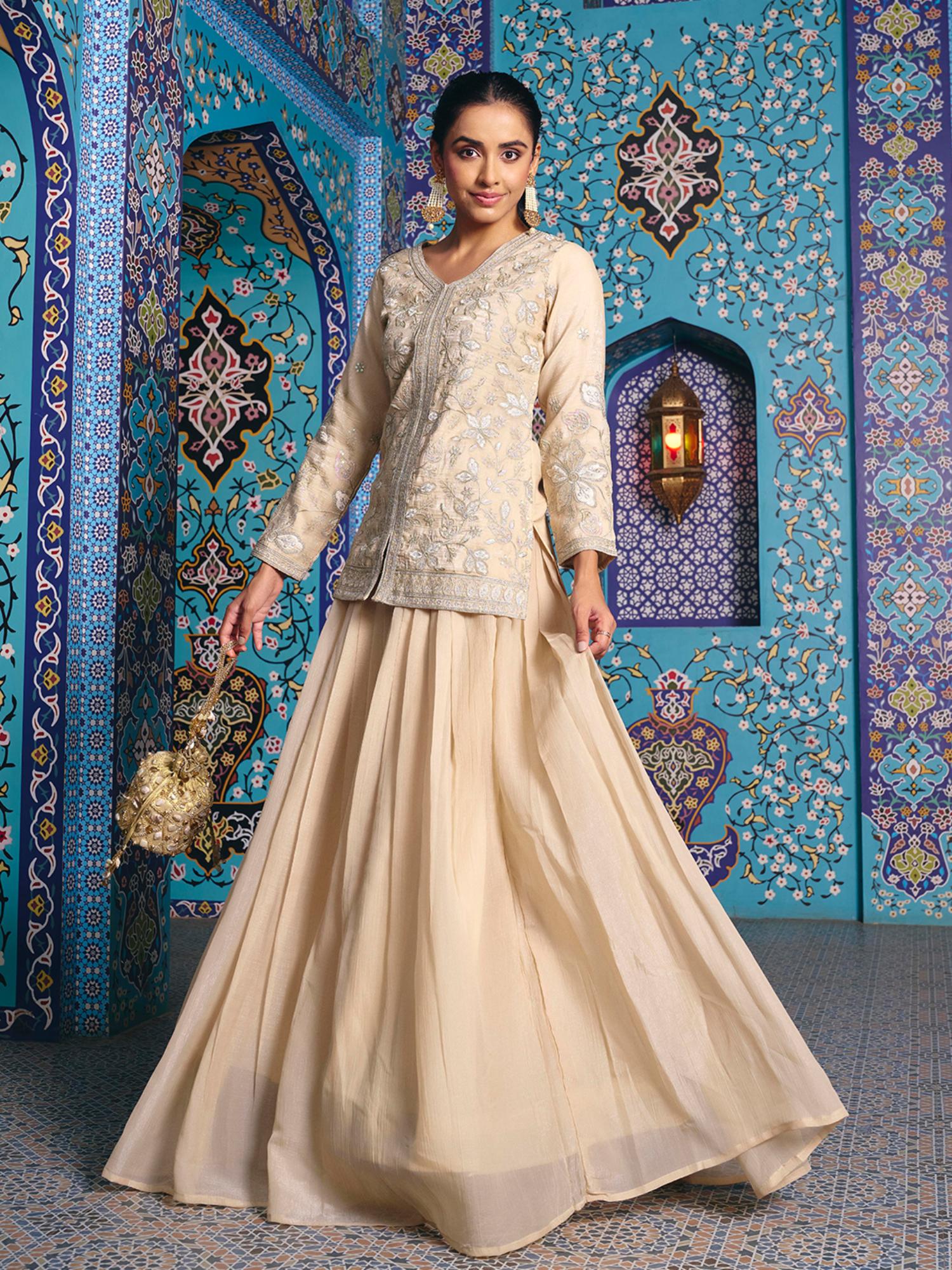 Beige Embroidered Tissue Kurti and Lehenga-image-25