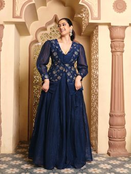 MADHURAM - Navy Blue Embroidered Tissue Kurti and Lehenga