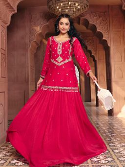 MADHURAM - Pink Embroidered Poly Silk Kurti and Lehenga
