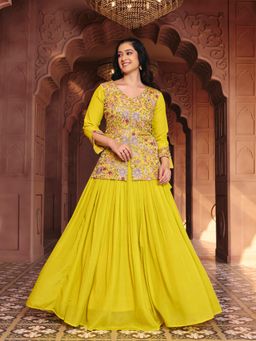MADHURAM - Yellow Embroidered Chinon Kurti and Lehenga