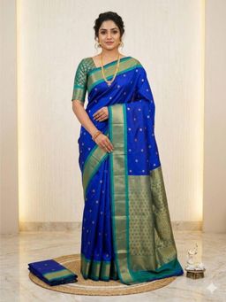 Odette - Navy Blue Silk Blend Saree with Unstitched Blouse