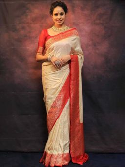 Odette - Cream Silk Blend Saree with Unstitched Blouse