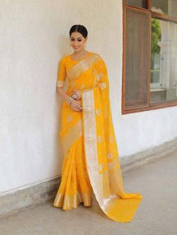 Odette - Yellow Silk Blend Saree with Unstitched Blouse