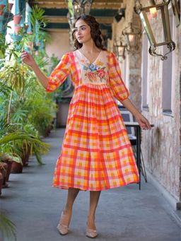 Autumnlane - Orange Checks Cotton Dress