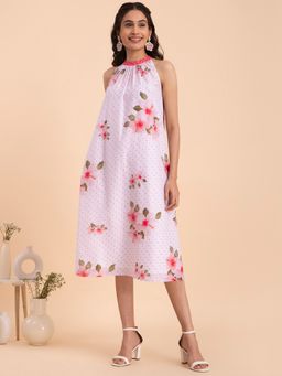 Pink Fort - Floral Muslin Halterneck Dress - White