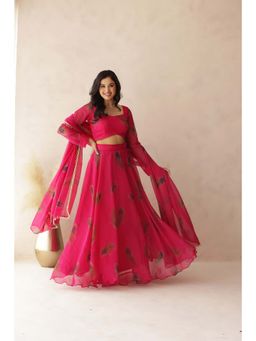 DEASHA INDIA - Parina Pink Peacock Feather Lehenga with Blouse and Dupatta (Set of 3)