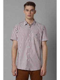 Louis Philippe - Men White and Brown Slim Fit Stripes Half Sleeves Casual Shirt