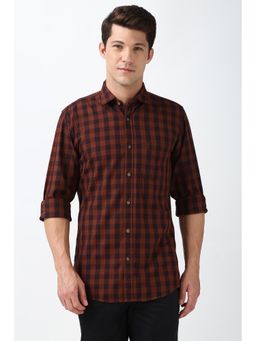 Peter England - Men Brown Slim Fit Checks Full Sleeves Shirt