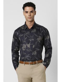 Van Heusen - Men Navy Blue Slim Fit Print Full Sleeves Party Shirt