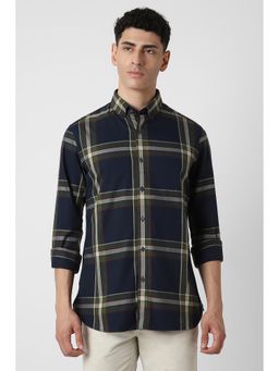 Van Heusen - Men Navy Blue Slim Fit Checks Full Sleeves Casual Shirt