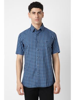 Van Heusen - Men Navy Blue Slim Fit Checks Half Sleeves Casual Shirt