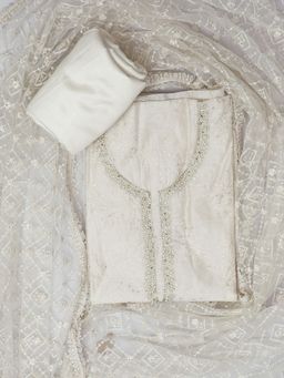 SALWAR STUDIO - Unstitched Net Dress Material For Women - Off White & Gold (Set of 3)