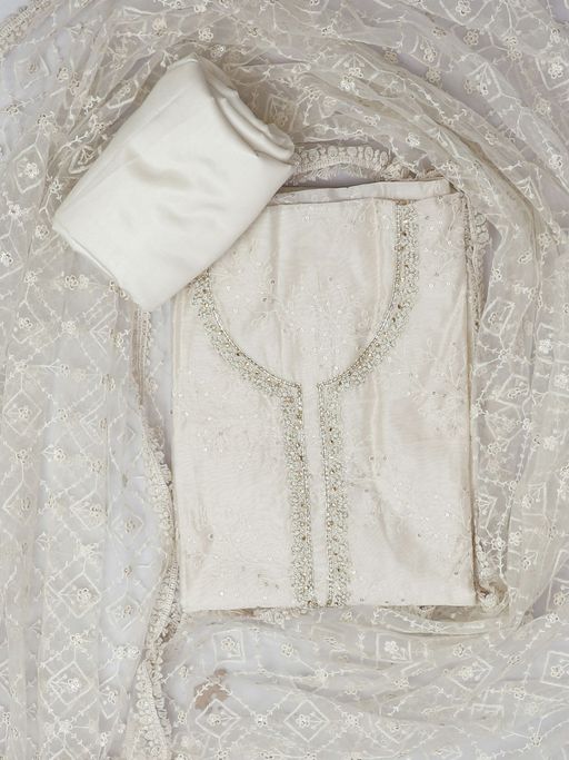 Buy SALWAR STUDIO Unstitched Net Dress Material For Women - Off White & Gold (Set of 3) Online Buy SALWAR STUDIO Unstitched Net Dress Material For Women - Off White & Gold (Set of 3) Online