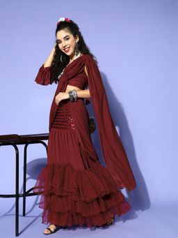 Tikhi Imli - Maroon Crepe & Net Sequins Embellished Ready to Wear Saree with Unstitched Blouse