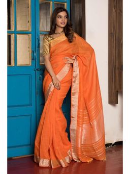 Beatitude - Orange Handwoven Linen Saree with Unstitched Blouse