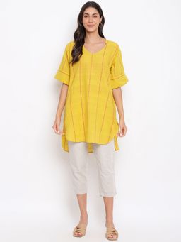 Fabindia - Yellow Cotton Hand Woven Knee Length Kurta