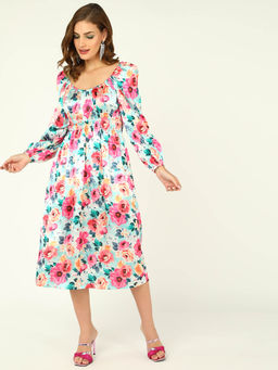 Dodo & Moa - Round Neck Floral Satin A-Line Midi Dress