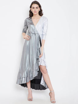 Dodo & Moa - Women Silver Solid Shimmery Wrap Maxi Dress