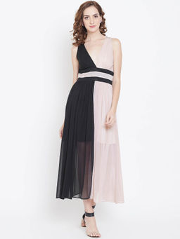 Dodo & Moa - Women Black Beige Colourblocked Maxi Dress