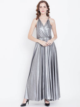 Dodo & Moa - Women Silver Solid Shimmery Wrap Maxi Dress