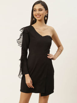 Dodo & Moa - Women Black Solid Ruffled Sheath Dress