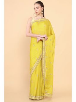 Soch - Women Yellow Silk Embroidered Saree with Unstitched Blouse