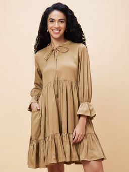 Globus - Women Nude Solid Tie-up Frilled Neck Casual A-Line Tiered Dress