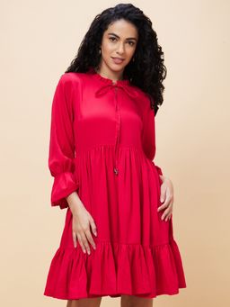 Globus - Women Pink Solid Tie-up Frilled Neck Casual A-Line Tiered Dress