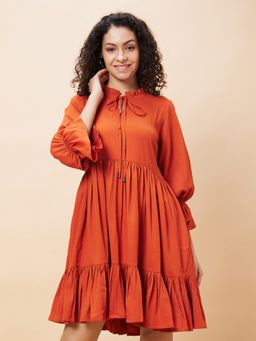 Globus - Women Rust Solid Tie-up Neck Casual Tiered A-Line Dress