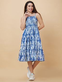 Globus - Women Blue Tie-dye Smocked Square Neck Casual Strappy Midi Fit and Flare Tiered Dress