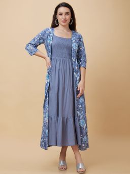 Globus - Women Blue Smocked Round Neck Casual Maxi Flare Dress with Floral Print Shrug (Set of 2)