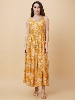 Globus - Women Mustard Floral Print Round Neck Sleeveless Casual Maxi Dress with Dori and Tassel