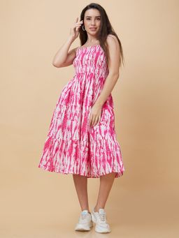 Globus - Women Pink Tie-dye Smocked Square Neck Casual Strappy Midi Fit and Flare Tiered Dress