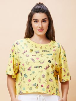 Globus - Women Yellow Conversational Print Round Neck Casual Boxy Fit Crop T-Shirt