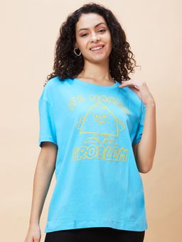 Globus - Women Blue Graphic Print Round Neck Boxy Fit Casual T-Shirt