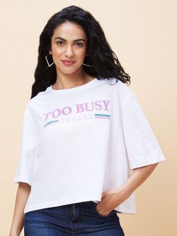 Globus - Women White Typography Print Round Neck Boxy Fit Crop T-Shirt