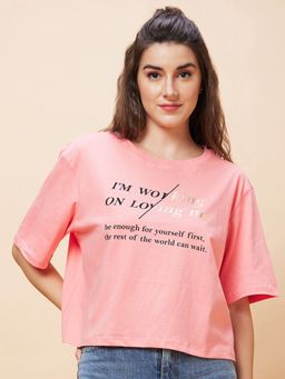 Globus - Women Pink Typography Print Round Neck Casual Boxy Fit Crop T-Shirt