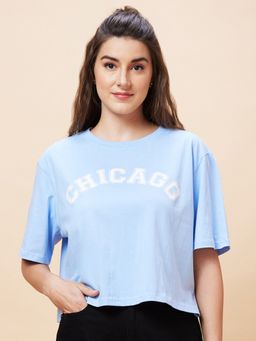 Globus - Women Blue Typography Print Round Neck Casual Boxy Fit Crop T-Shirt