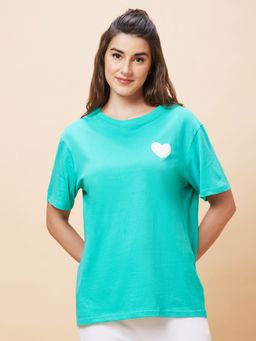 Globus - Women Green Back Typography Print Round Neck Casual Oversized T-Shirt