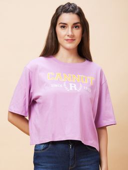 Globus - Women Lavender Typography Print Round Neck Casual Boxy Fit Crop T-Shirt