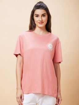 Globus - Women Pink Back Typography Print Round Neck Casual Oversized T-Shirt